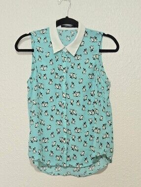 Doe & Rae Sleeveless Blouse - All-Over French Bulldog - Peter Pan Collar- Size M